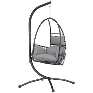 Outsunny Fauteuil suspendu &oelig;uf avec support nacelle pliable appui-t&ecirc;te coussin poche lat&eacute;rale charge 120 kg gris fonc&eacute;