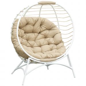 Outsunny Fauteuil cocon œuf sur pied pliant 118 x 75 x 142 cm avec coussin beige inclus métal résine blanc et beige   Aosom France