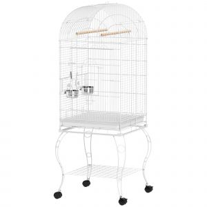 PawHut Cage pour oiseaux avec roulettes et &eacute;tag&egrave;re 51x51x153 cm avec partie sup&eacute;rieure rabattable, mangeoires et bac amovible, blanc