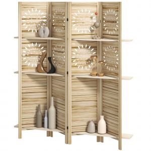 HOMCOM Paravent int&eacute;rieur 4 panneaux et 3 &eacute;tag&egrave;res, 160 x 170 cm, s&eacute;parateur de pi&egrave;ce pliable, bois de paulownia, bois naturel