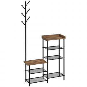 HOMCOM Meuble d'entrée 2 en 1 design industriel porte-manteaux et étagères à chaussures en acier 92,5 x 28,2 x 182 cm noir