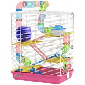 PawHut Cage pour H&aacute;mster avec Tunnel Plateformes Gamelle Abreuvoir Maisonnette Rampes et Roue d'Exercice 46x30x58 cm Rose