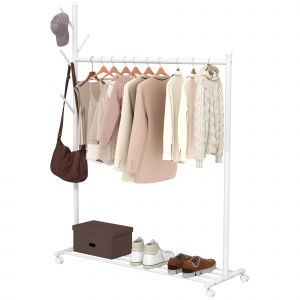 HOMCOM Portant &agrave; v&ecirc;tements, porte-manteau sur roulettes avec &eacute;tag&egrave;re &agrave; chaussures et 5&nbsp;crochets, 120 x 43 x 171 cm, blanc