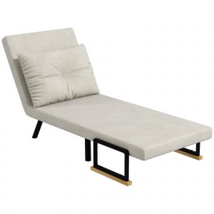 HOMCOM Fauteuil convertible 4 en 1 lit 1 place dossier 5 positions, accoudoirs en bois et coussin, tissu effet velours, cr&egrave;me