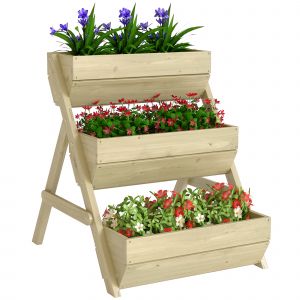 Outsunny Jardini&egrave;re sur&eacute;lev&eacute;e en bois avec 3 &eacute;tages, &eacute;tag&egrave;re en escalier pour plantes avec trous de drainage, 65x75x76cm, vert