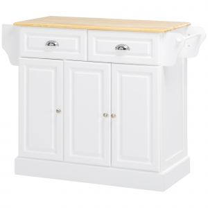 HOMCOM Chariot de cuisine sur roulettes Ilot de cuisine avec 2 tiroirs Porte-épices et porte-torchons 110x45x91 cm Blanc