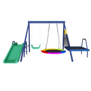 Balan&ccedil;oires multifonctionnel, Balancoire b&eacute;b&eacute; pour l'ext&eacute;rieur, Balan&ccedil;oire toboggan avec trampoline, balan&ccedil;oire nid ronde, Bleu antique   Aosom France