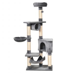 Pawhut Arbre à chats centre d'activités niche hamac plateformes griffoirs sisal naturel peluche courte 60 x 40 x 154 cm  gris clair