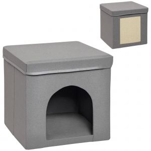 PawHut Niche Chat Maison Cube Pliable avec Griffoir, Plateau et Coussin Moelleux en Tissu Lin 36,5cm Gris   Aosom France