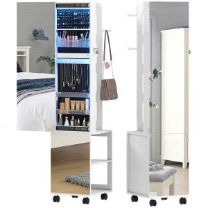 HOMCOM Armoire à bijoux armoire avec miroir sur pied pivotante à 360° éclairage LED 37x40x165,5cm cadre blanc, doublure noire