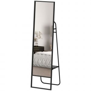 HOMCOM Miroir sur pied 148,5 x 40 cm rectangulaire avec étagère arrière, 2 crochets et cadre en métal, noir