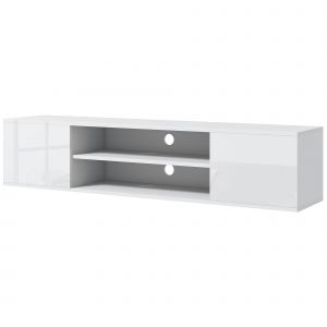 HOMCOM Meuble banc TV mural suspendu style contemporain 2 placards 2 niches centrales et 2 passe-câbles 140 x 30 x 30 cm blanc