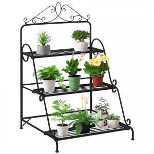 Outsunny Support pour plantes présentoir avec étagères en métal 3 niveaux forme escalier intérieur/extérieur dim. 60,5L x 59,5l x 95,5H cm noir