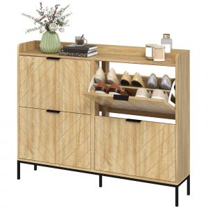 HOMCOM Meuble à chaussures 16 paires avec 4 tiroirs, portes rabattables, étagères réglables, 120 x 23,5 x 95,5 cm, chêne
