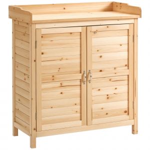 Outsunny Armoire de jardin sur pied placard avec double porte et &eacute;tag&egrave;re interne en bois massif sapin pr&eacute;-huil&eacute; dim. 83L x 40l x 92H cm naturel