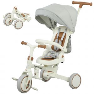 AIYAPLAY Tricycle bébé &eacute;volutif 5 en 1, tricycle enfant pliable avec poign&eacute;e r&eacute;glable, capote amovible, pour 1-3 ans, cr&egrave;me