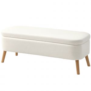 HOMCOM Tabouret de Rangement, Tabouret Rembourr&eacute; avec 65 L de Stockage, Repose-Pieds, Tissu en Polaire, Bois de Caoutchouc, Mousse, 120 x 42 x 45 cm, Blanc Cr&egrave;me