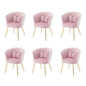 Ensemble 6 chaises salle à manger modernes en velours, dossier pétale, pieds métalliques dorés, coussins papillon, chaises rembourrées, Rose