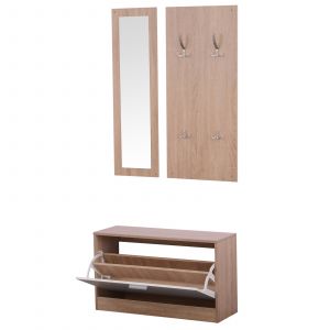 Homcom Ensemble de meubles d'entrée design contemporain : meuble chaussures, miroir et panneau porte-manteau patères double, triple coloris chêne clair blanc