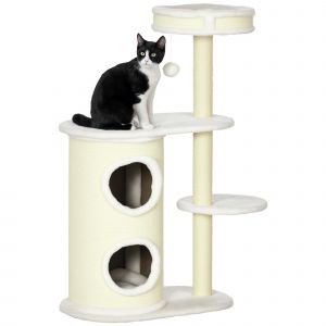 PawHut Arbre à chat 2 griffoirs sisal naturel niche cylindrique 2 plateformes pompon suspendu peluche blanc crème