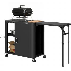 Outsunny Desserte jardin chariot de barbecue sur roulettes avec table lat&eacute;rale pliable placard &eacute;tag&egrave;res 166 x 54 x 88 cm noir