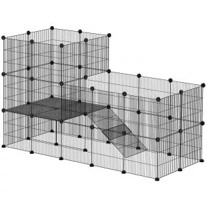 PawHut Enclos pour petits animaux, cage &agrave; lapin modulable 2 niveaux, 39 panneaux avec rampe, en acier, 140 x 70 x 105 cm, noir