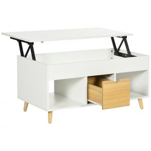 Outsunny Table Basse Relevable avec Tiroir, Niches et Coffre Bois Aspect Clair et Blanc   Aosom France