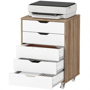 Vinsetto Caisson bureau mobile, meuble rangement bureau sur roulettes, 5 tiroirs, 47,5 x 39,5 x 67,5 cm, blanc et ch&ecirc;ne