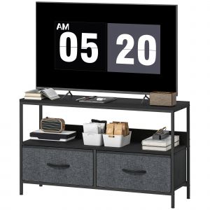 HOMCOM Meuble TV, meuble télé pour téléviseur jusqu'à 47 pouces avec 2 tiroirs et pieds en acier, 98 x 29 x 56 cm, gris foncé