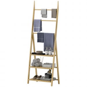 HOMCOM &Eacute;tag&egrave;re salle de bain en bambou pliable 3 niveaux &eacute;tag&egrave;re &agrave; &eacute;chelle porte-serviettes 53,5x30x153cm effet bois naturel