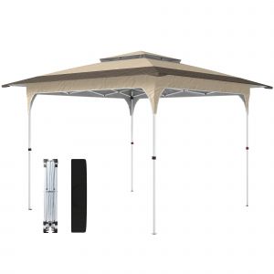 Outsunny Tonnelle pliante 350x350 cm Pop-up avec hauteur r&eacute;glable 3 niveaux double toit fermeture centrale et housse UPF50+ kaki