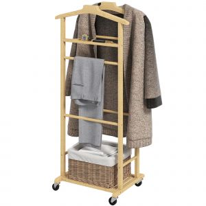 HOMCOM Portant &agrave; v&ecirc;tements sur roulettes, porte-manteaux en bambou, double cintre int&eacute;gr&eacute;, 47 x 33,7 x 105,5 cm, bois naturel