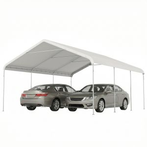 Outsunny Carport 5x6 m, garage portable, structure en acier galvanis&eacute; pour voitures/camions, Cr&egrave;me