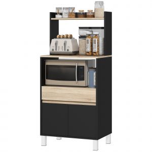 HOMCOM Meuble micro onde, buffet cuisine avec placard tiroir &eacute;tag&egrave;re sup&eacute;rieur, 60 x 40 x 131 cm ch&ecirc;ne et noir