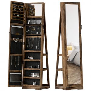 HOMCOM Armoire à Bijoux pivotante verrouillable boîte à bijoux avec Miroir - Armoire Bijoux Multi-Rangement - Brun Rustique