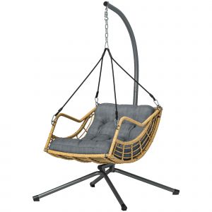 Outsunny Fauteuil suspendu en r&eacute;sine tress&eacute;e avec support, chaise suspendue, coussin, attache de s&eacute;curit&eacute;, hauteur r&eacute;glable, gris
