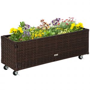 Outsunny Jardinière sur roulettes résine tressée PE, métal époxy aspect rotin chocolat 94,5L x 31l x 36H cm