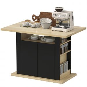 HOMCOM Table &agrave; manger ilot central cuisine avec grand plan de travail 4-6 personnes placard 4 portes 110 x 70 x 75,5 cm noir