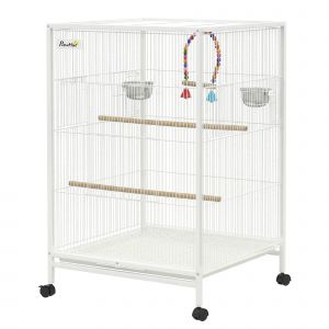 PawHut Cage pour oiseaux sur roulettes avec mangeoires, perchoirs, balan&ccedil;oire et plateau amovible 48x46x78 cm Blanc