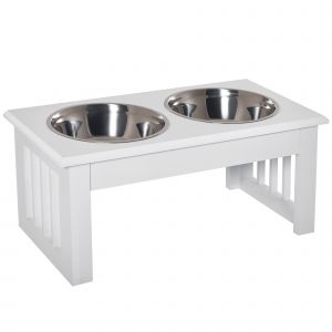 PawHut Gamelles chiens surélevées gamelle double chien chat  44L x 24l x 15H cm 2 gamelles 0,9L acier inox. incluses bois blanc