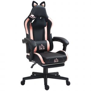 HOMCOM Chaise de Gaming Inclinable avec Repose-Pieds et Coussins, en Simili Cuir et Éponge, 65x62x116-124 cm, Rose et Noir