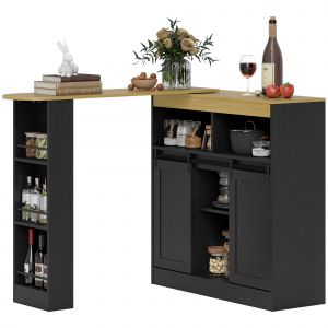 HOMCOM Table de bar extensible, transformable en forme en L, beaucoup de rangement, 3 étagères ajustables, Panneau de particules, MDF, Noir