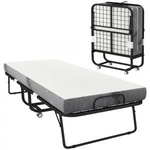 HOMCOM Lit pliant 1 personne 200 x 80 cm avec matelas, lit d'appoint pliable et portable sur roulettes, cadre en acier, blanc