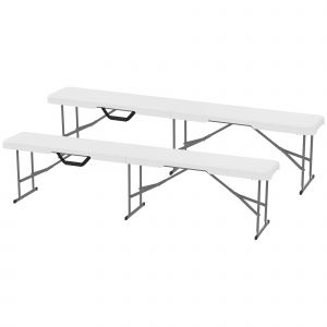 Outsunny Banc de jardin Lot de 2 bancs pliants avec poign&eacute;e de Transport en M&eacute;tal et HDPE 182 x 28 x 42 cm Blanc