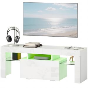 HOMCOM Meuble TV, meuble t&eacute;l&eacute; avec &eacute;clairage LED RGB, haute brillance, &eacute;tag&egrave;res en verre tremp&eacute;, 120x34x45cm, blanc