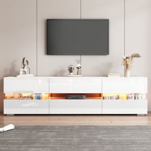 Meuble TV blanc moderne, Meuble tv design en laqu&eacute; brillant avec &eacute;clairage LED, compartiment ouvert, insert en verre acrylique   Aosom France