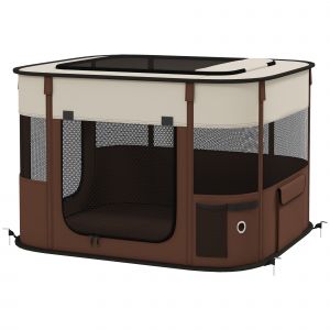 PawHut Box pour Animaux avec 6 Fen&ecirc;tres, 3 Portes et 2 Poches de Rangement, Polyester et Acier, 74x60x45 cm, Marron