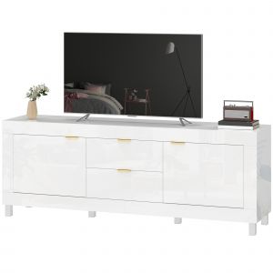 HOMCOM Meuble TV pour t&eacute;l&eacute;viseurs jusqu'&agrave; 190,5 cm, centre de divertissement moderne avec 2 armoires et 2 tiroirs, Blanc laqu&eacute;