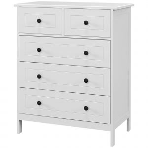 HOMCOM Commode meuble de rangement 5 tiroirs pour chambre, bureau, entrée, blanc et poignée métal noir