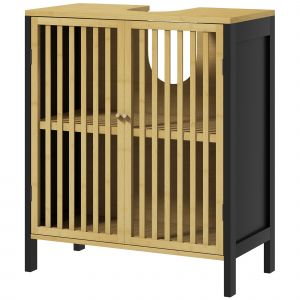 HOMCOM Meuble sous vasque 2 portes avec &eacute;tag&egrave;re r&eacute;glable armoire de rangement pour lavabo 60 x 30 x 70 cm MDF et bambou